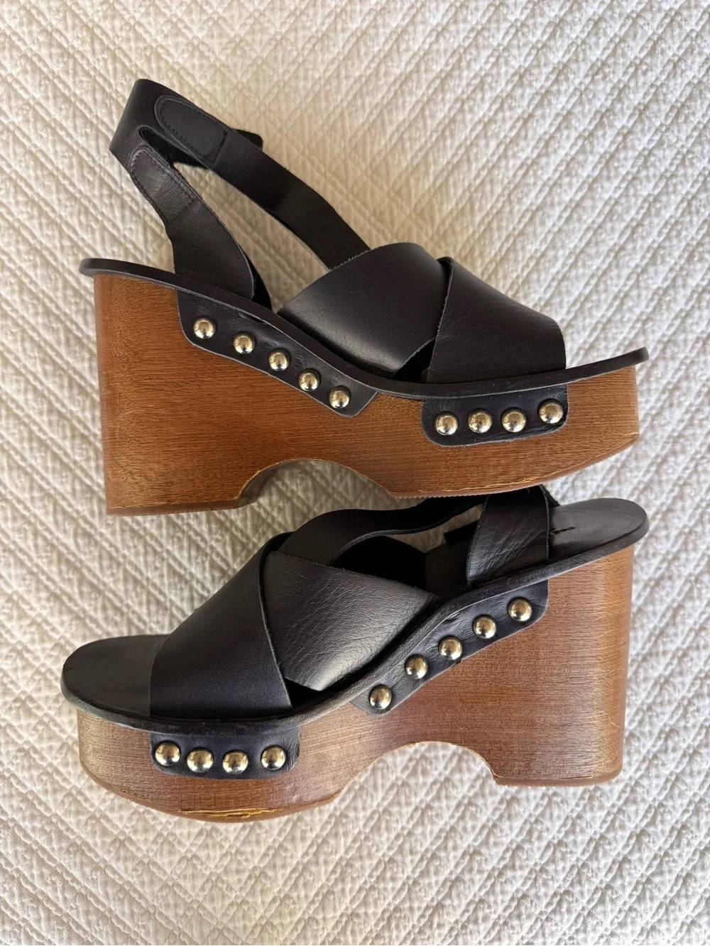 rag & bone Navy Blue Leather Cross-Strap Wooden Clog Wedges